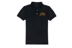 black t shirt with orange writing