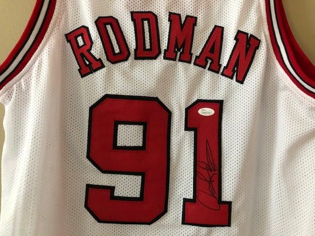 game used 100%Authentic Dennis Rodman Autographed jersey signed